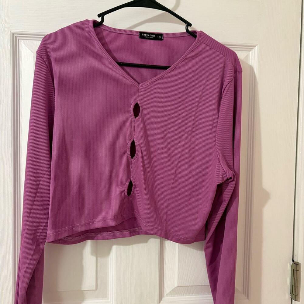 SHEIN Curve Purple Ribbed Cut‑Out Long‑Sleeve Crop Top (1XL)